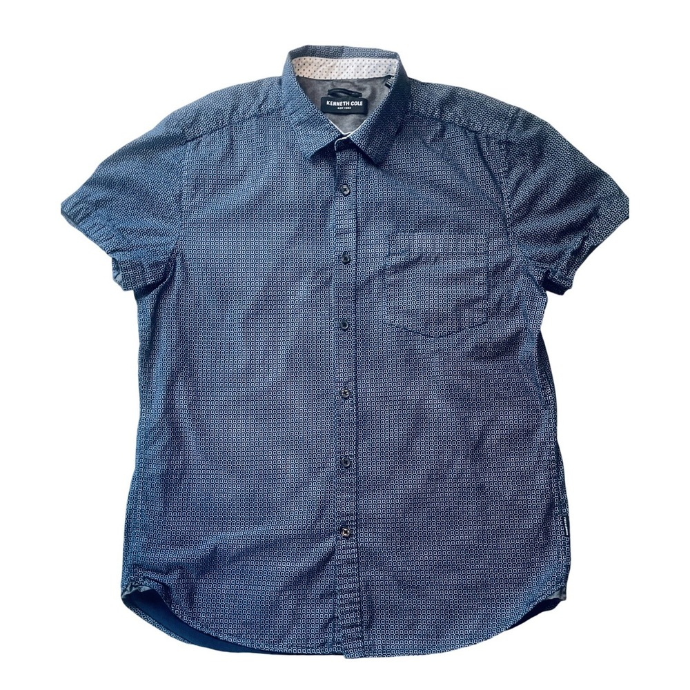 KENNETH COLE Mens Size M Active POLO SHIRT Navy Blue Short Sleeve Pattern